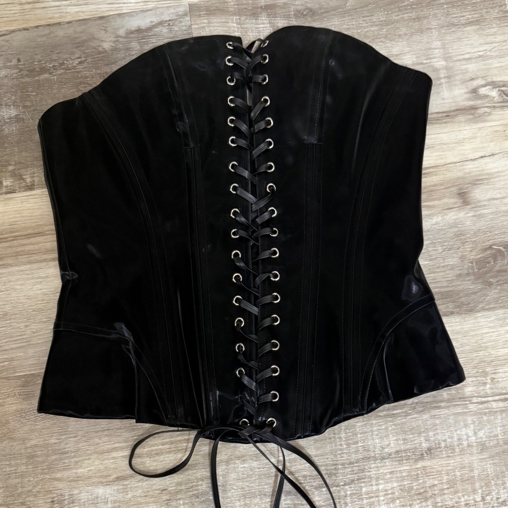 Akira Black Faux Leather Lace Up Front Corset Top Strapless XL 25JWC8026 NEW